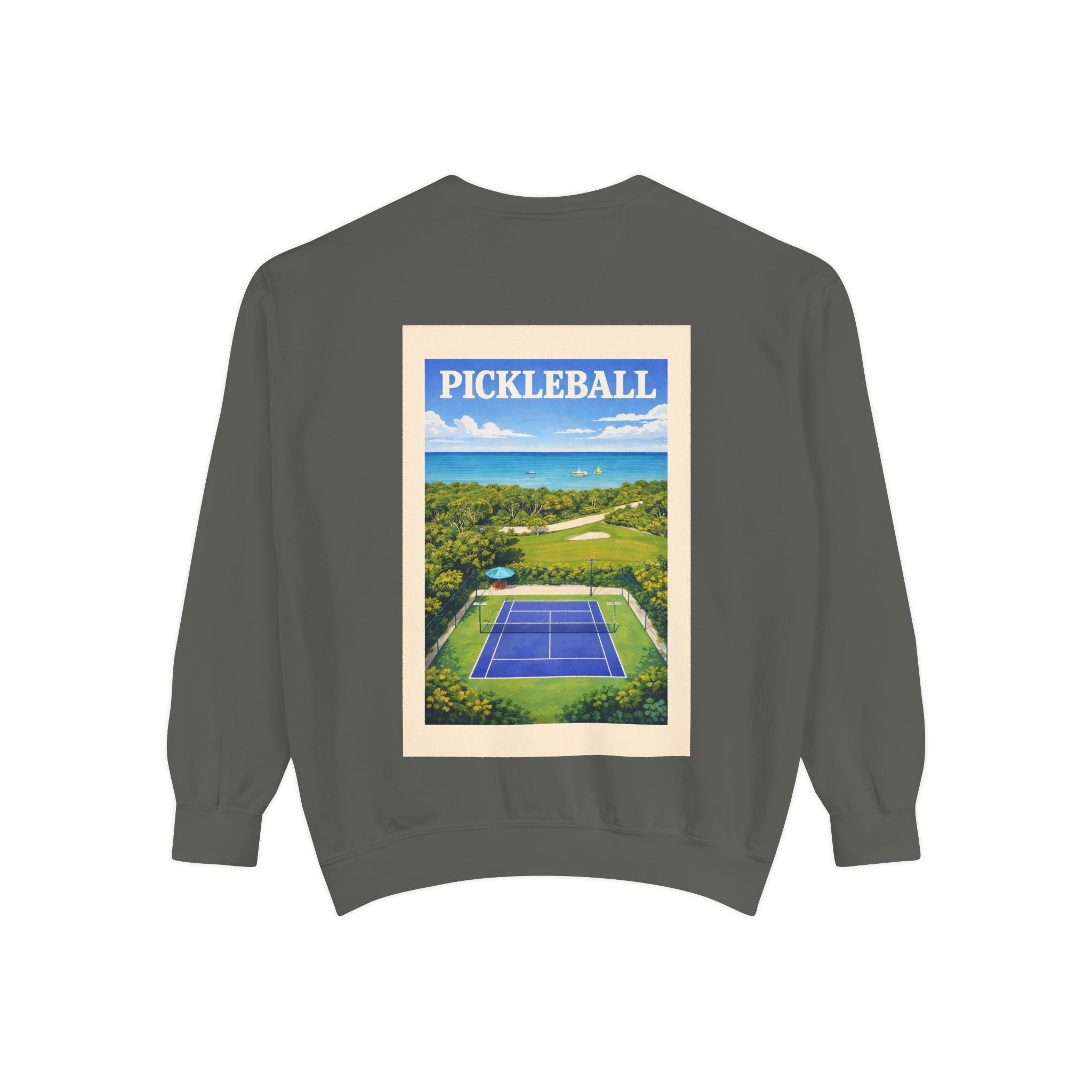 Coastal Courts Vintage Pickleball Sweatshirt — Dink Dink Social Club Scenic Back Print
