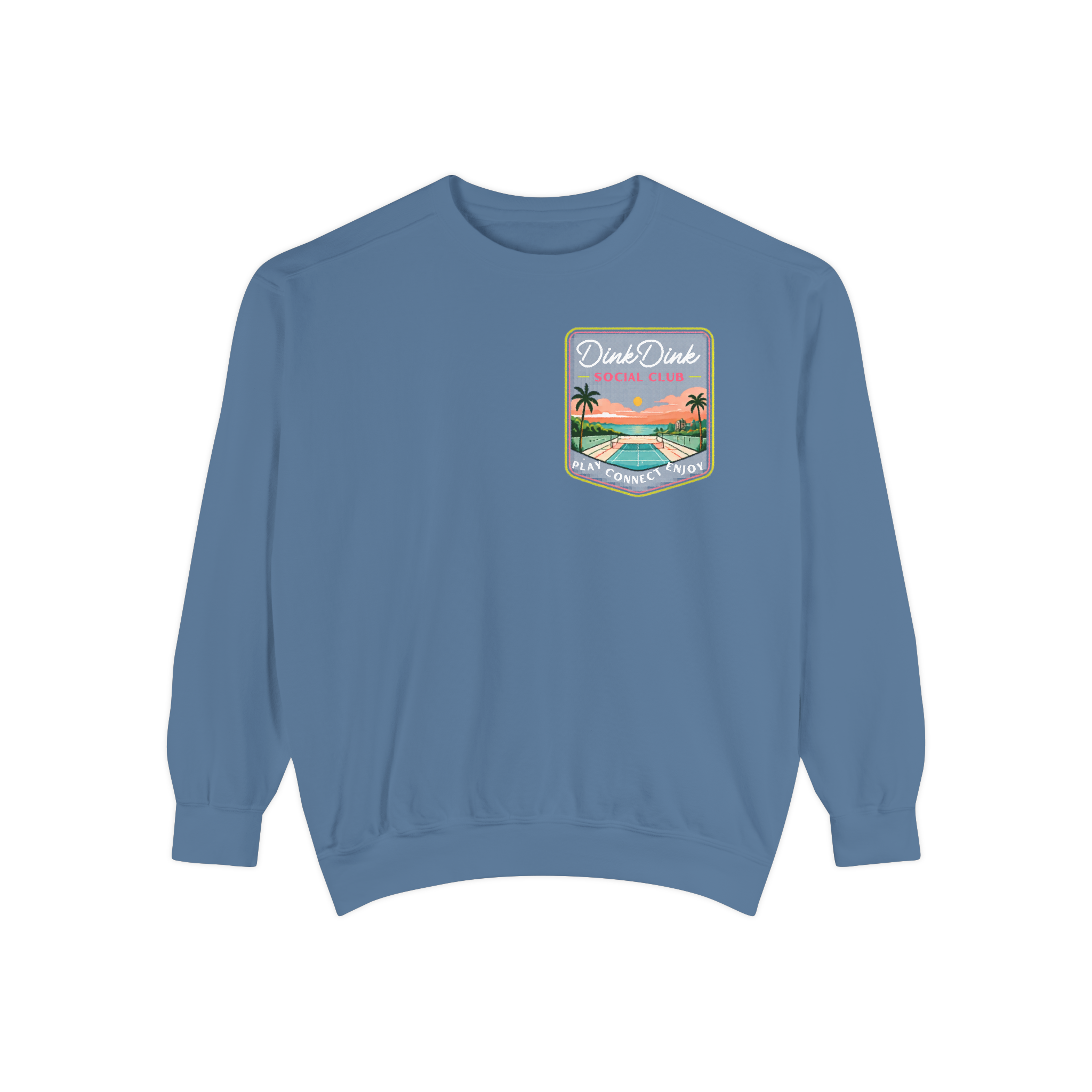 Coastal Courts Vintage Pickleball Sweatshirt — Dink Dink Social Club Scenic Back Print