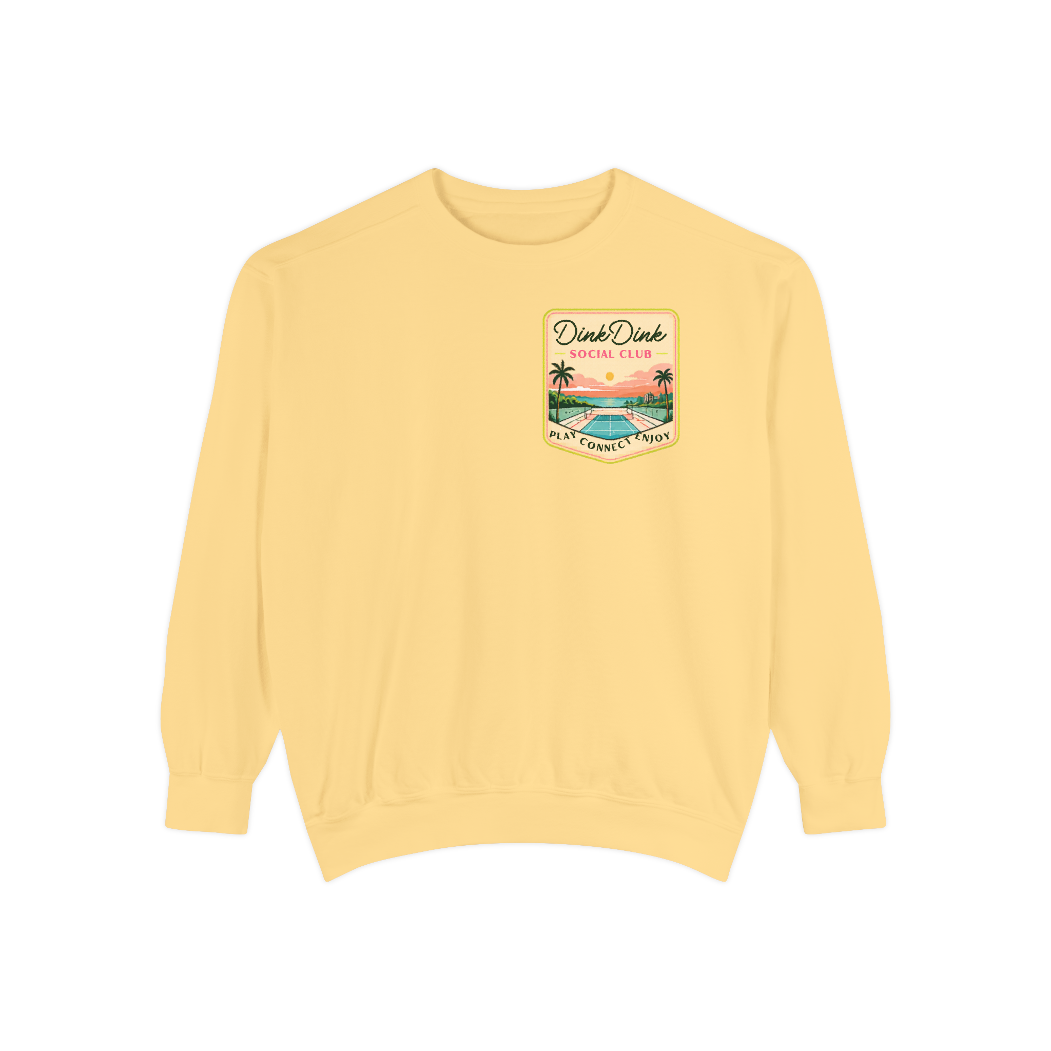 Coastal Courts Vintage Pickleball Sweatshirt — Dink Dink Social Club Scenic Back Print